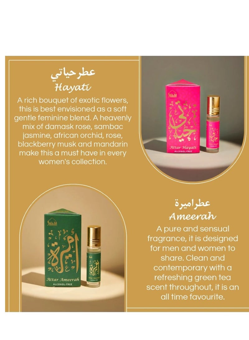 Dukhni Attar Oil Set-Amaani, Ameerah, Hayati, Ambar, Ambar Oud, White Musk - 6ml each