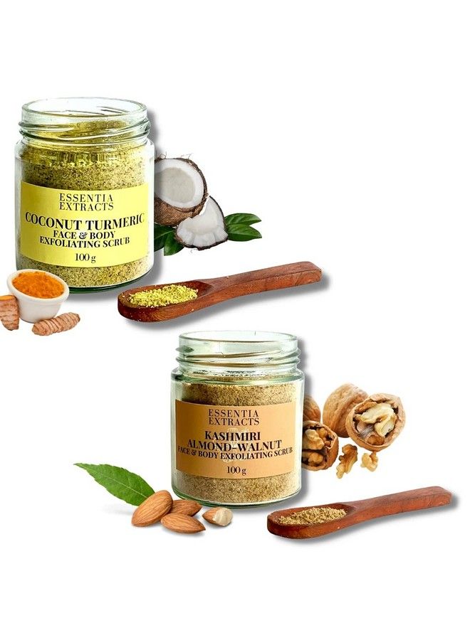 Combo Of Almond Walnut & Coconut Turmeric Face & Body Exfoliating Scrub 200G (100G+100G) ; 100% Natural ; Dry/Normal Skin (Almond Walnut + Coconut Turmeric Scrub)