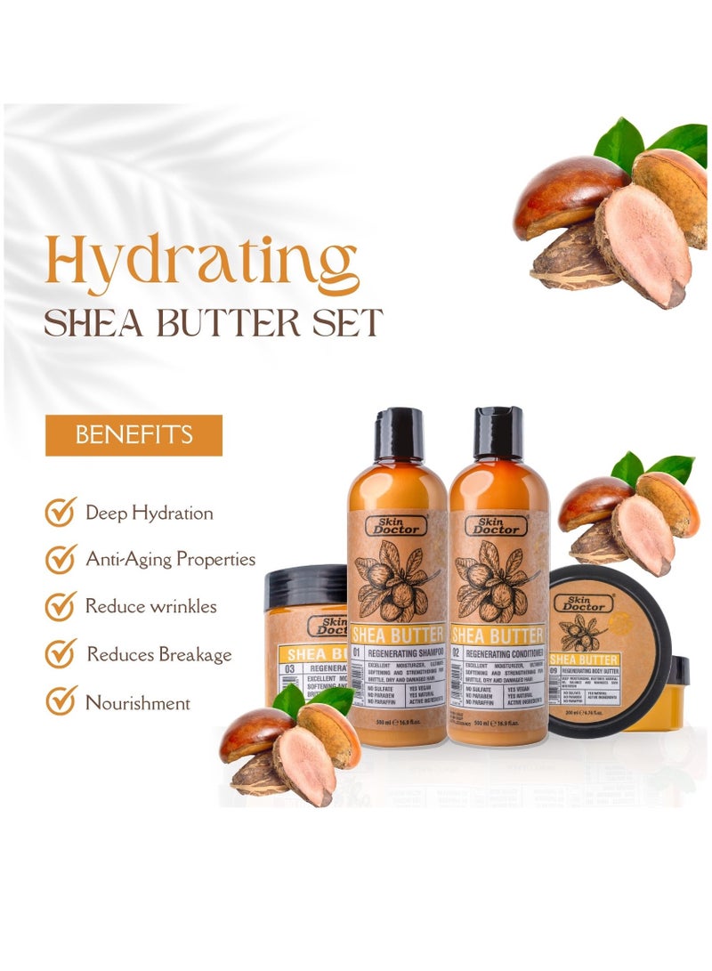 Shea Butter Regeneration Set ( Shampoo, Conditioner, and Butter Body )   - sulfate-free & paraben-free  hair care - Reduced Breakage - Deep Hydration -  Suitable For All Hair Types - 500ml