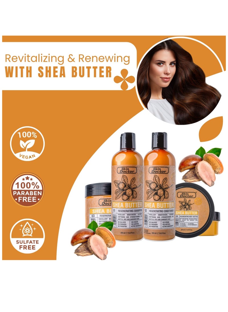 Shea Butter Regeneration Set ( Shampoo, Conditioner, and Butter Body )   - sulfate-free & paraben-free  hair care - Reduced Breakage - Deep Hydration -  Suitable For All Hair Types - 500ml