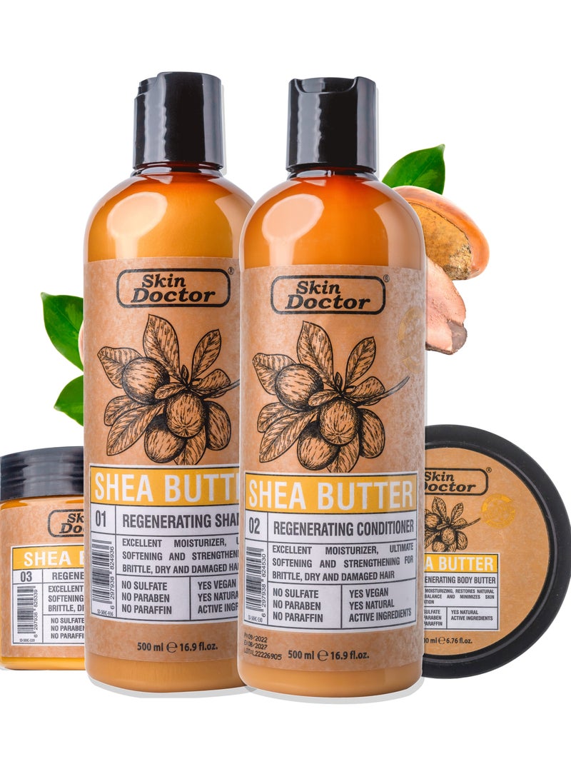 Shea Butter Regeneration Set ( Shampoo, Conditioner, and Butter Body )   - sulfate-free & paraben-free  hair care - Reduced Breakage - Deep Hydration -  Suitable For All Hair Types - 500ml