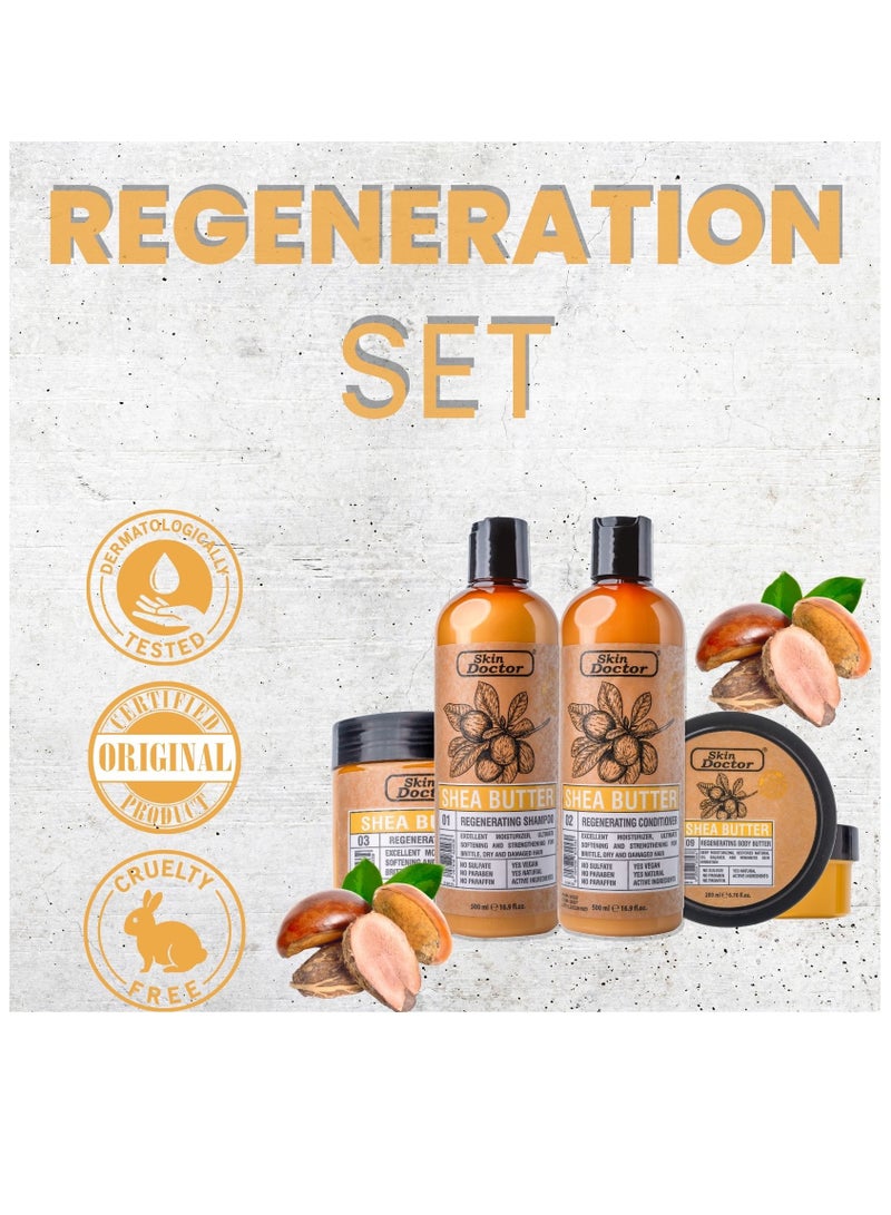 Shea Butter Regeneration Set ( Shampoo, Conditioner, and Butter Body )   - sulfate-free & paraben-free  hair care - Reduced Breakage - Deep Hydration -  Suitable For All Hair Types - 500ml