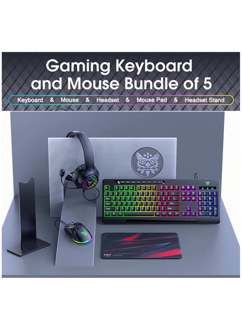 5 In 1 RGB Magic Light Effect Wired Keyboard Mouse Headset Mousepad and Headphones Stand 5 Pieces Value Combo Set For PC Gamer