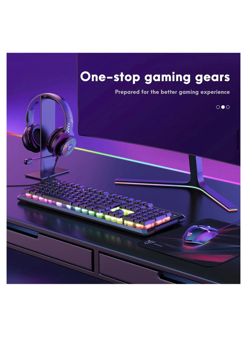 5 In 1 RGB Magic Light Effect Wired Keyboard Mouse Headset Mousepad and Headphones Stand 5 Pieces Value Combo Set For PC Gamer