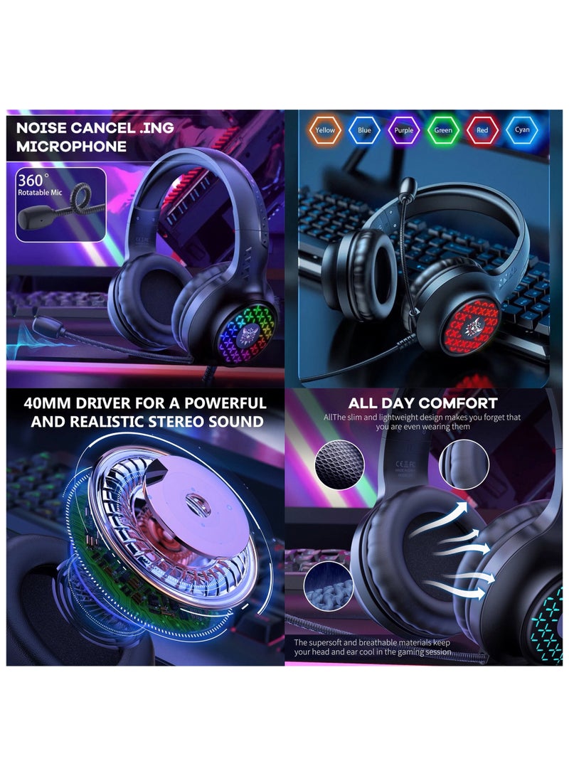 5 In 1 RGB Magic Light Effect Wired Keyboard Mouse Headset Mousepad and Headphones Stand 5 Pieces Value Combo Set For PC Gamer