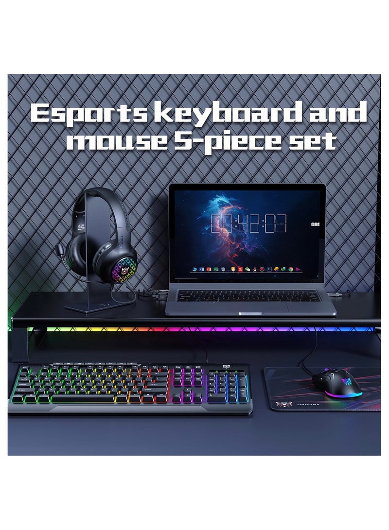5 In 1 RGB Magic Light Effect Wired Keyboard Mouse Headset Mousepad and Headphones Stand 5 Pieces Value Combo Set For PC Gamer