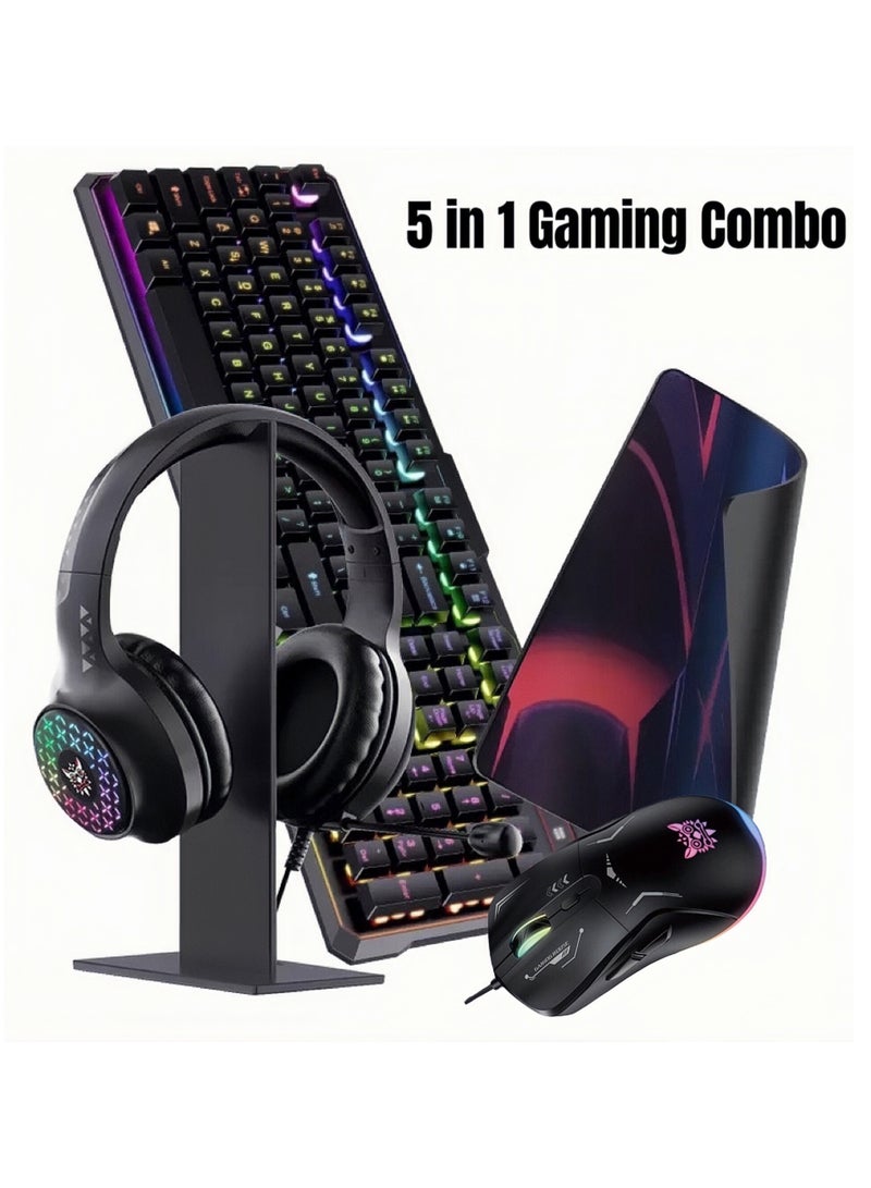 5 In 1 RGB Magic Light Effect Wired Keyboard Mouse Headset Mousepad and Headphones Stand 5 Pieces Value Combo Set For PC Gamer
