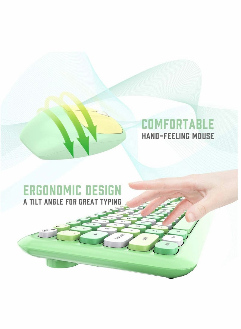 Wireless Keyboard and Mouse Combo Cute multifunctional 110 Key Typewriter Retro Round Keycaps Keyboard Compatible with Android Windows PC and Tablet Prefer for Home and Office Keyboards (Green)