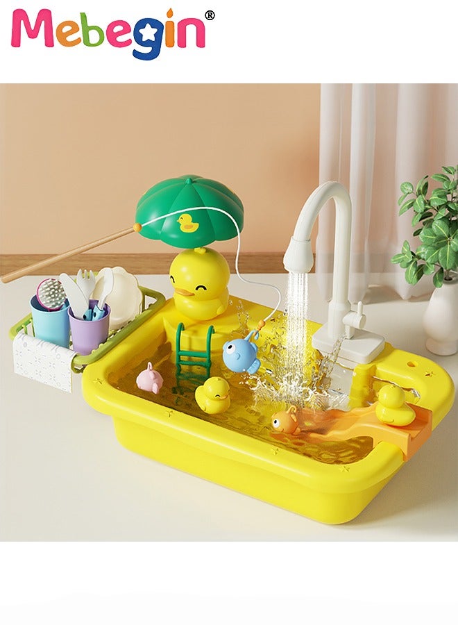 Sink Play Toy with Running Water, Pretend Kitchen Sink Toys with Upgraded Electric Faucet, Play Kitchen Toy Accessories, Role Play Dishwasher Toy for Age 3+
