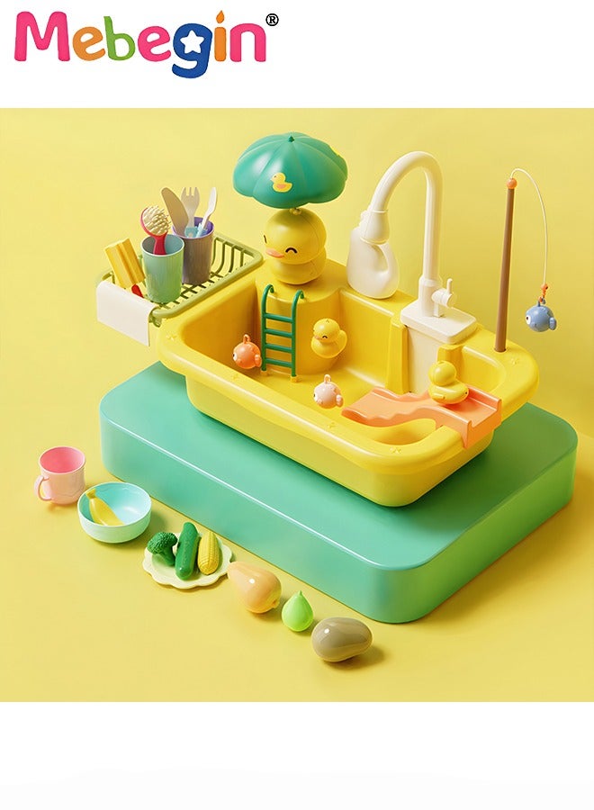 2 in 1 Toy Sink Playset, Large-capacity Play Sink with Running Water, Kitchen Sink Toys with Upgraded Faucet, Pretend Kitchen Playset with Rich Accessories, Kids Role Play Dishwasher Toy, Creative Duck Fishing Toys, Ideal Gift for Kids Aged 3+