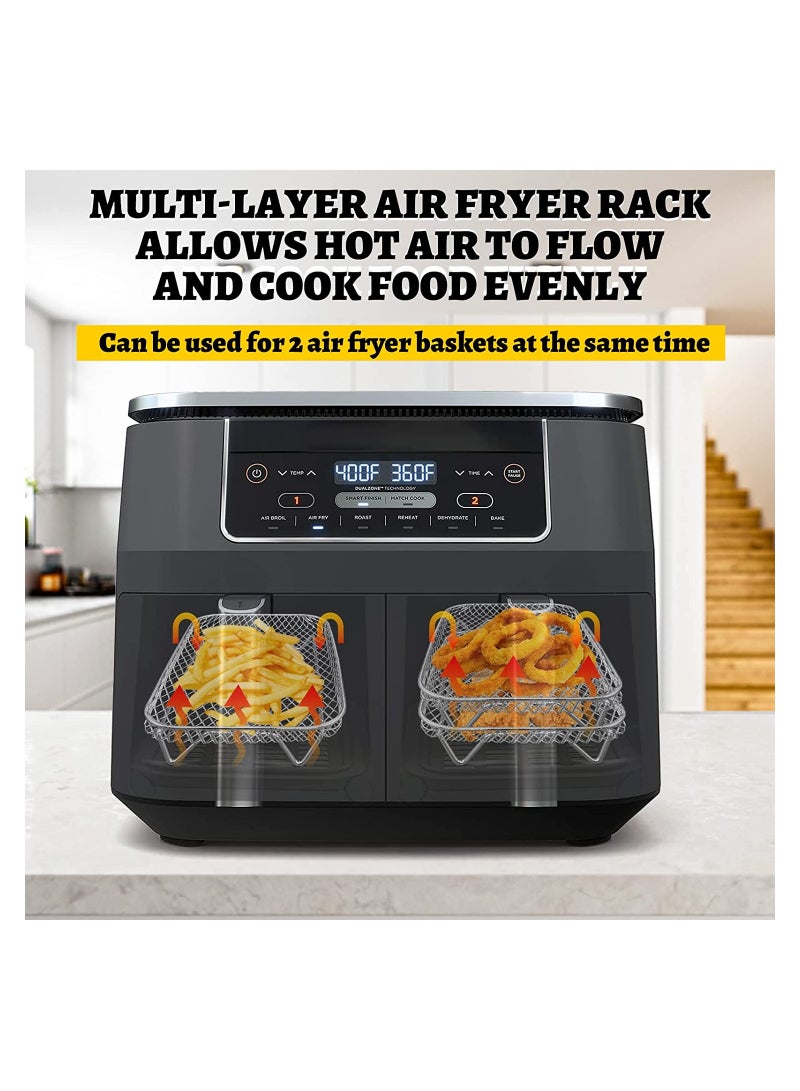 SYOSI Air Fryer Rack, 3 Pcs Stainless Steel Grilling Rack for Ninja Dual Air Fryer, Rectangle Air Fryer Basket Tray, with Clip and Heighten Feet Pad, for Double Basket Air Fryers