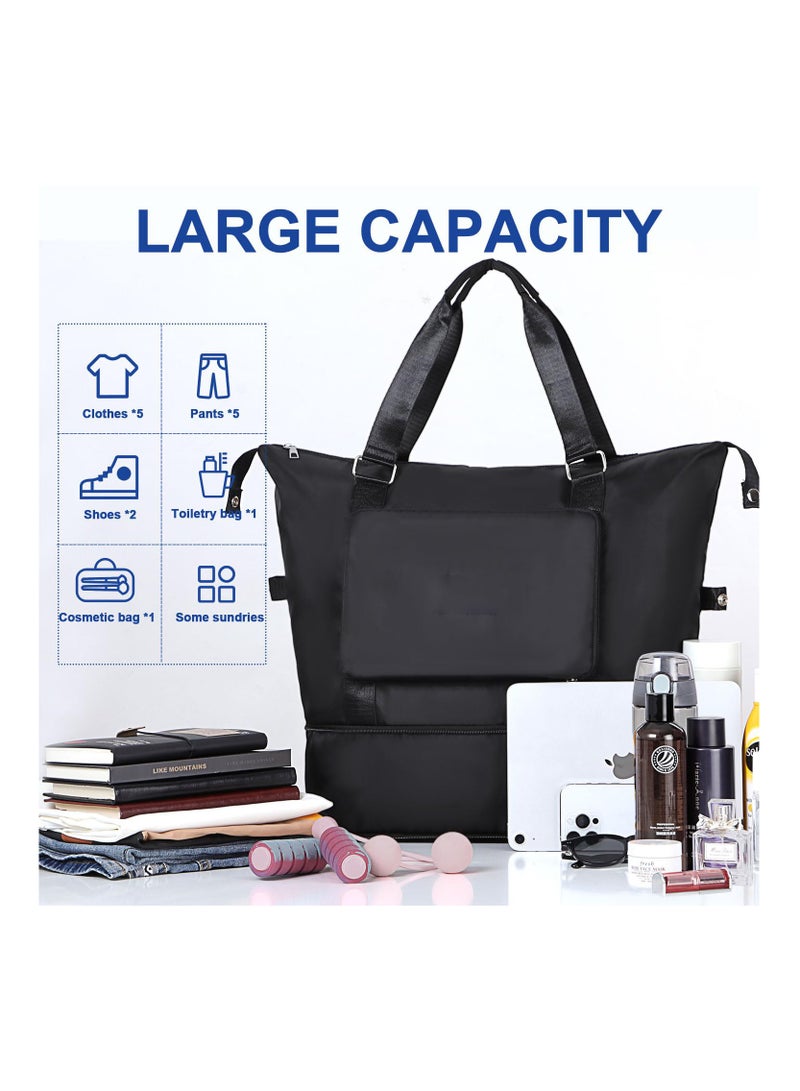 Travel Bag with Double Shoulder Strap, Foldable Duffle Bag for Travel, Water-resistant Sports Bag with Wet Compartment, Large Weekender Bag with Expandable Space, for Men/Women, Black