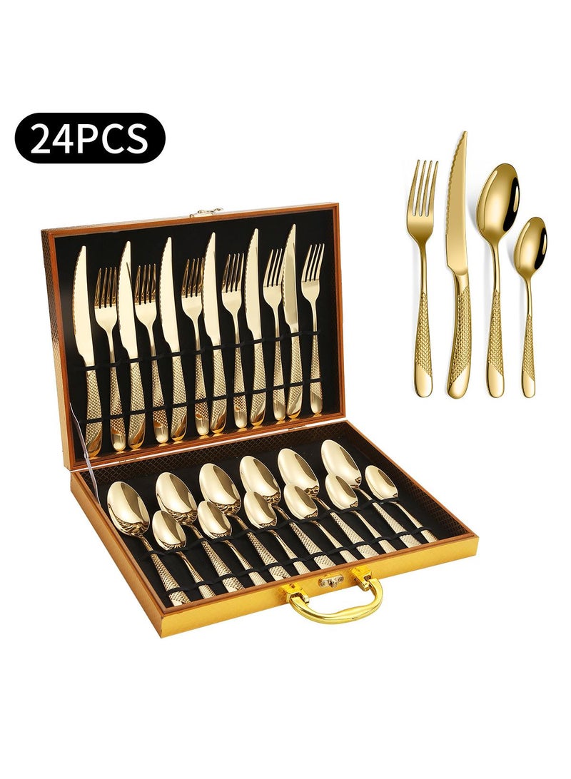 24-pieces Stainless steel tableware Western knife, fork and spoon set gold