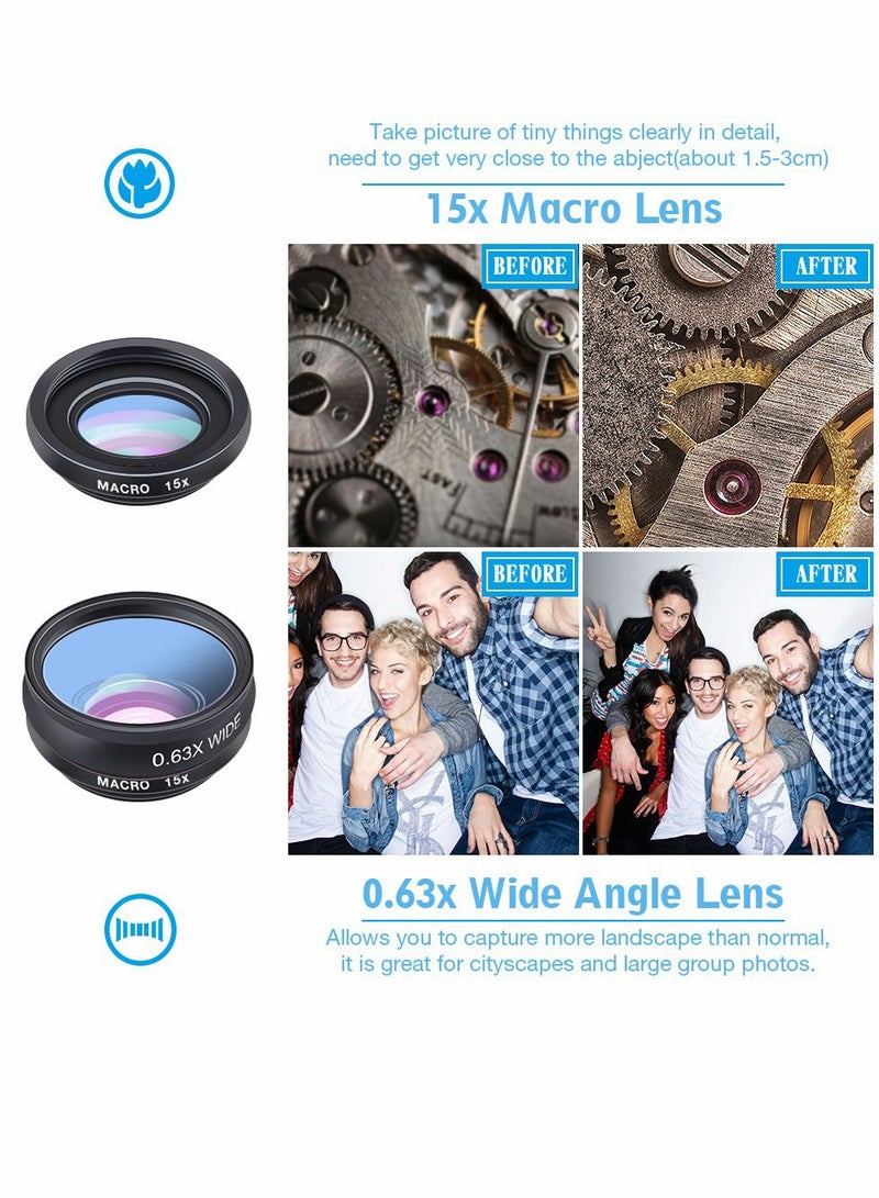 Phone Camera Lens Kit with 0.63X Wide Angle, 15X Macro, 198 Degree Fisheye, 2X Telephoto, CPL, Star Filter, Radial Filter, Flow Filter, Kaleidoscope 3, Kaleidoscope 6 Compatible with Android iPhone