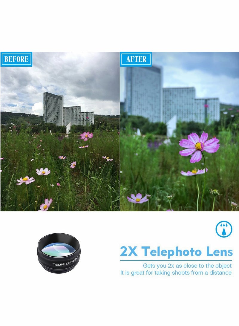 Phone Camera Lens Kit with 0.63X Wide Angle, 15X Macro, 198 Degree Fisheye, 2X Telephoto, CPL, Star Filter, Radial Filter, Flow Filter, Kaleidoscope 3, Kaleidoscope 6 Compatible with Android iPhone