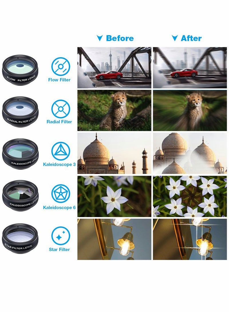 Phone Camera Lens Kit with 0.63X Wide Angle, 15X Macro, 198 Degree Fisheye, 2X Telephoto, CPL, Star Filter, Radial Filter, Flow Filter, Kaleidoscope 3, Kaleidoscope 6 Compatible with Android iPhone