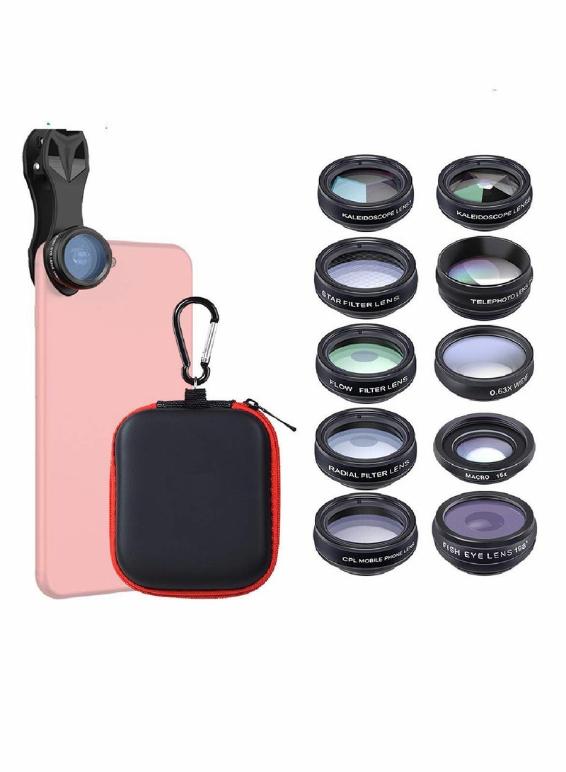 Phone Camera Lens Kit with 0.63X Wide Angle, 15X Macro, 198 Degree Fisheye, 2X Telephoto, CPL, Star Filter, Radial Filter, Flow Filter, Kaleidoscope 3, Kaleidoscope 6 Compatible with Android iPhone