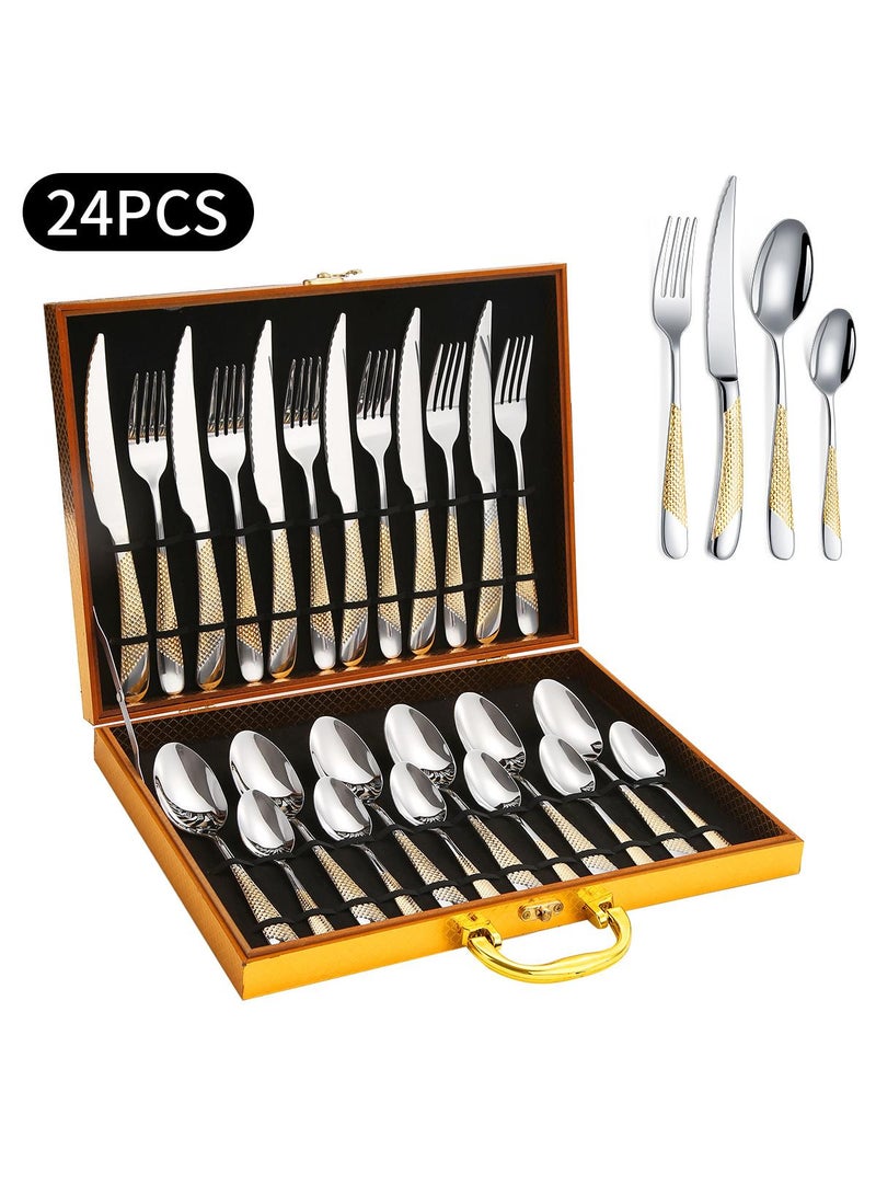 24-pieces Stainless steel tableware Western knife, fork and spoon set silver/gold