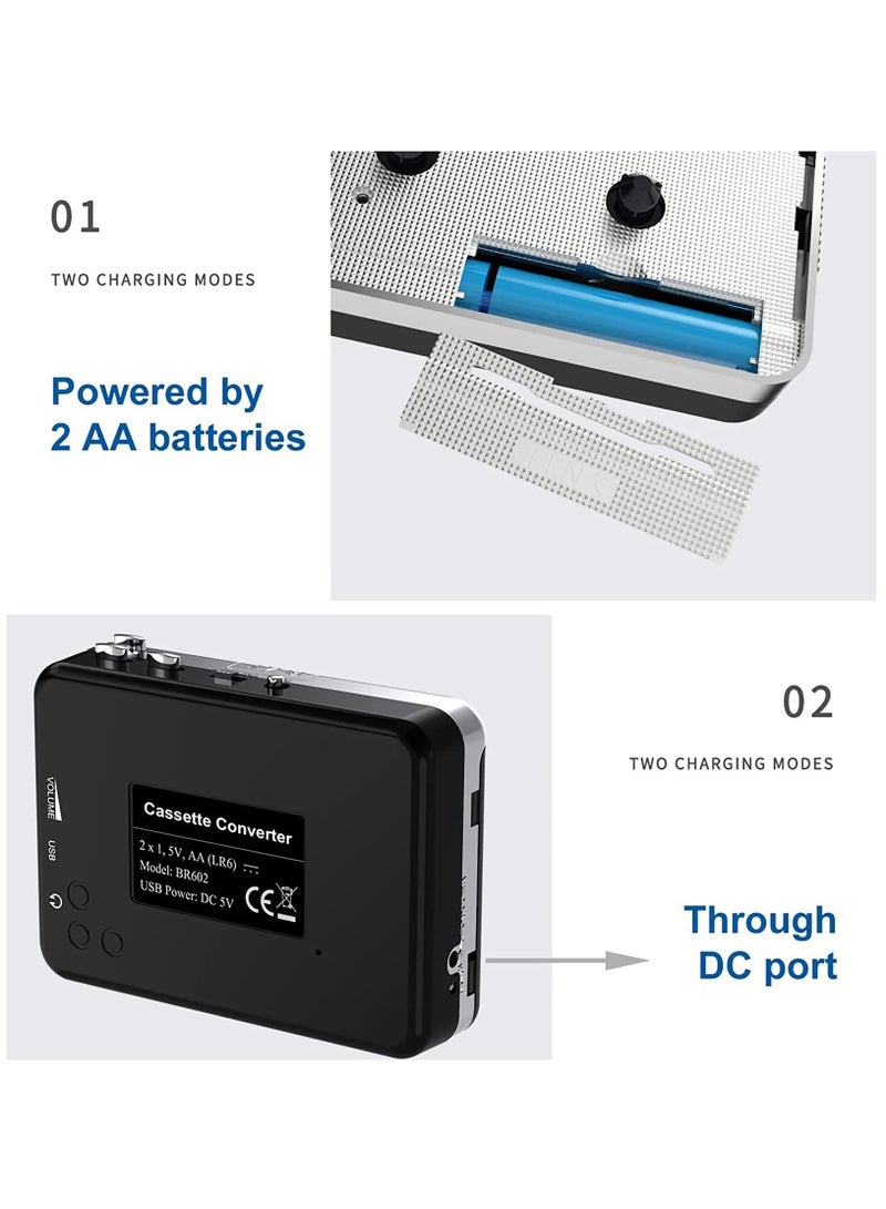 Portable Cassette Player/Cassette to MP3 Converter Capture Cassette Tape to MP3/CD Audio via USB –Converter Retro with Earphones, Compatible with Cell Phone Charger | USB Cable & User Manual Included