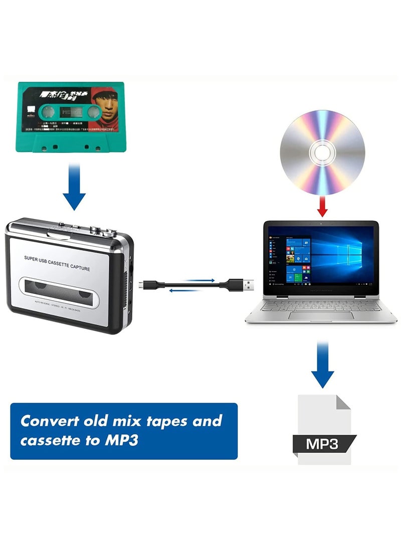 Portable Cassette Player/Cassette to MP3 Converter Capture Cassette Tape to MP3/CD Audio via USB –Converter Retro with Earphones, Compatible with Cell Phone Charger | USB Cable & User Manual Included