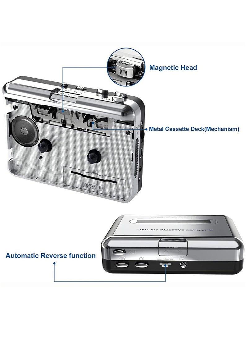 Portable Cassette Player/Cassette to MP3 Converter Capture Cassette Tape to MP3/CD Audio via USB –Converter Retro with Earphones, Compatible with Cell Phone Charger | USB Cable & User Manual Included