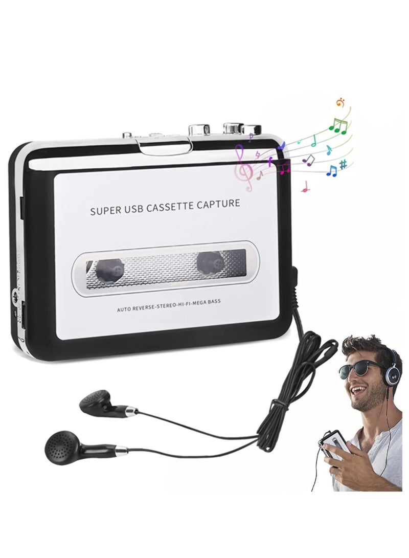 Portable Cassette Player/Cassette to MP3 Converter Capture Cassette Tape to MP3/CD Audio via USB –Converter Retro with Earphones, Compatible with Cell Phone Charger | USB Cable & User Manual Included