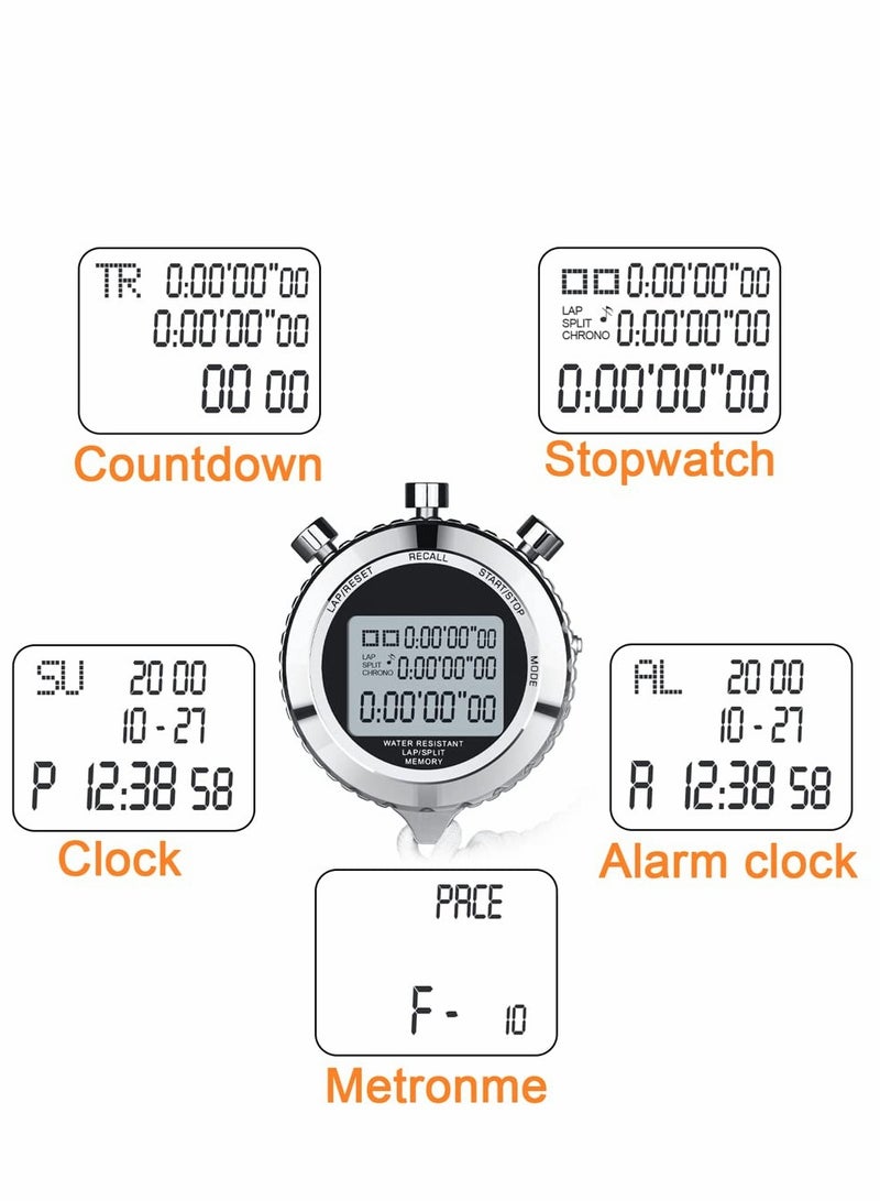 Sports Stopwatch Silent Timer Lap Split Digital Metal with Clock Calendar Alarm, 100 Memory, Large Display, Lanyard, Suit for Sports, Coach, Referee, Fitness, Testing