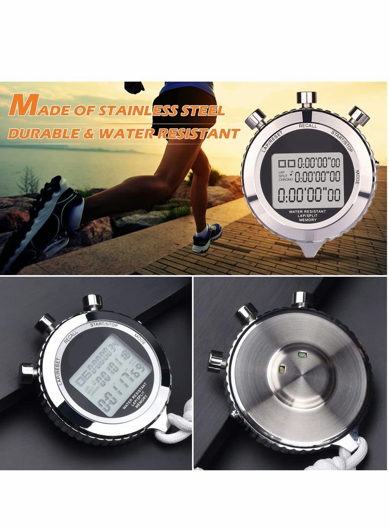 Sports Stopwatch Silent Timer Lap Split Digital Metal with Clock Calendar Alarm, 100 Memory, Large Display, Lanyard, Suit for Sports, Coach, Referee, Fitness, Testing