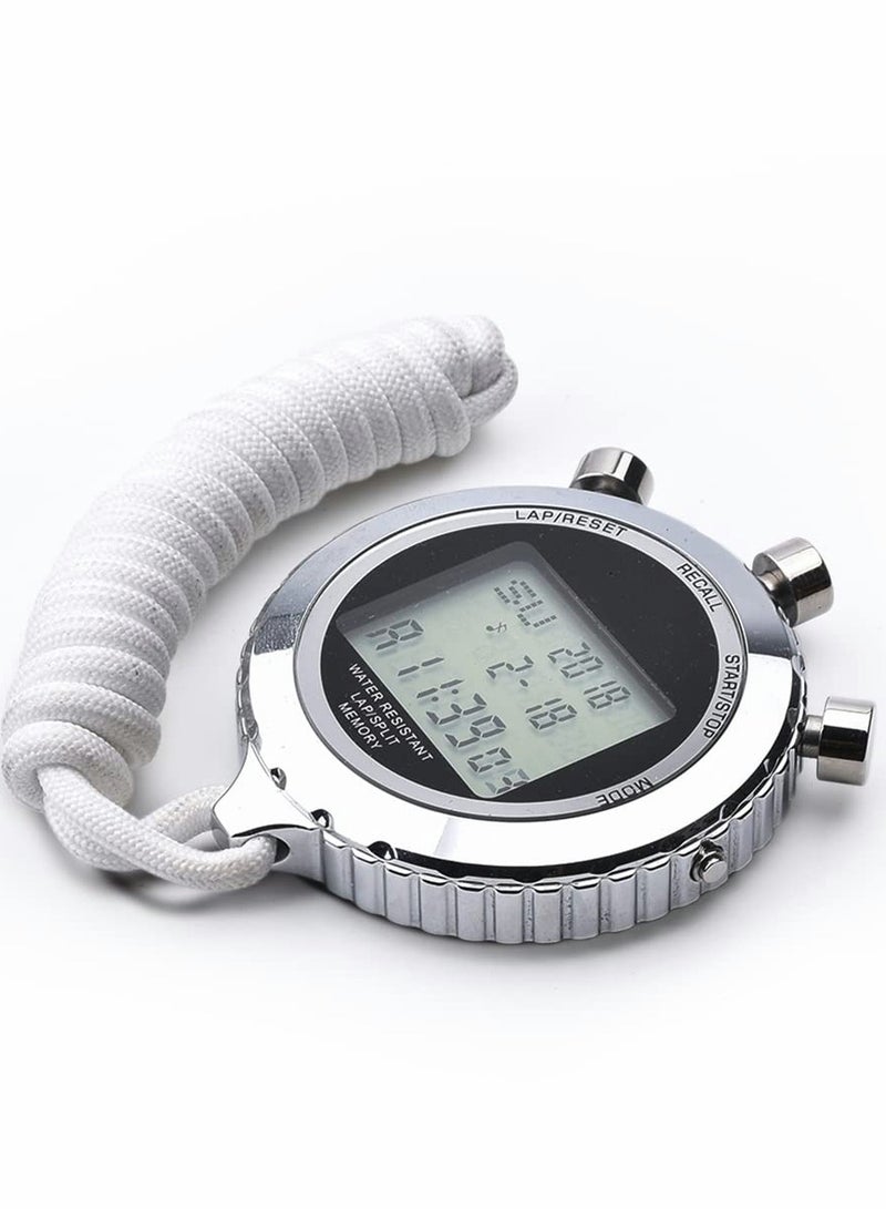 Sports Stopwatch Silent Timer Lap Split Digital Metal with Clock Calendar Alarm, 100 Memory, Large Display, Lanyard, Suit for Sports, Coach, Referee, Fitness, Testing