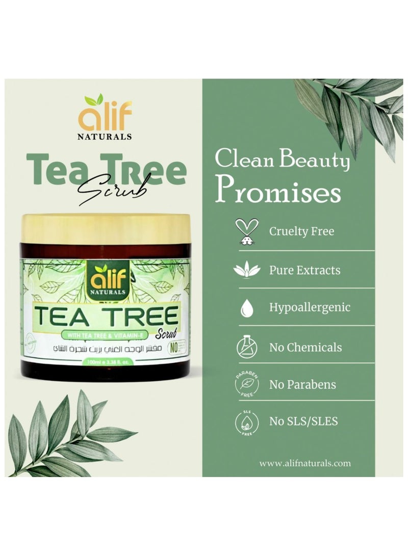 Alif Naturals Tea Tree Face & Body Scrub with Tea Tree Oil for Men & Women - 100ml | Deep Cleansing & Gentle Exfoliation | Removes Tan, Dead Cells, Anti Acne | All Skin Types