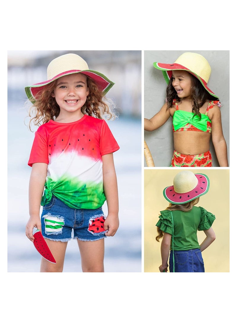 SYOSI Straw Sun Hat, Girl Kids Summer Watermelon Straw Wide Brim Floppy Beach Sun UV Protection, Green
