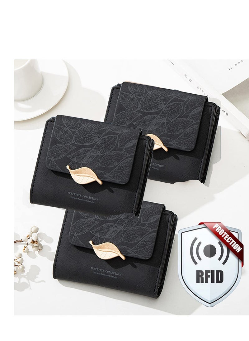 Small Womens Wallet, RFID Blocking Billfold, Leather Leaf Card Holde with Zipper Coin Pocket, Ladies Portable Purses, Girls Short Bifold Wallet Gifts