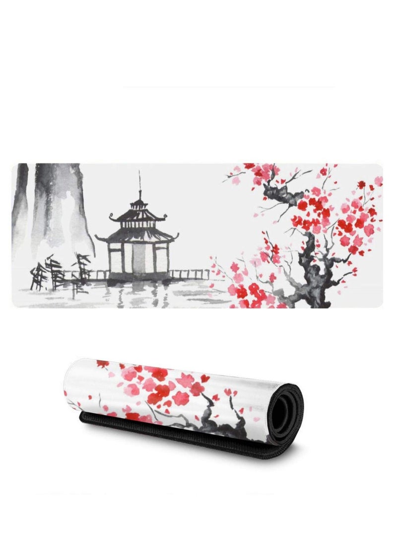 Art Gaming Mouse Pad, Gaming Mouse Pad Cherry Blossom, Stitched Edges Mousepad, Extended Large Mouse Mat Desk Pad, Long Non-Slip Rubber Base Mice Pad (31.5 x 11.8 inches)