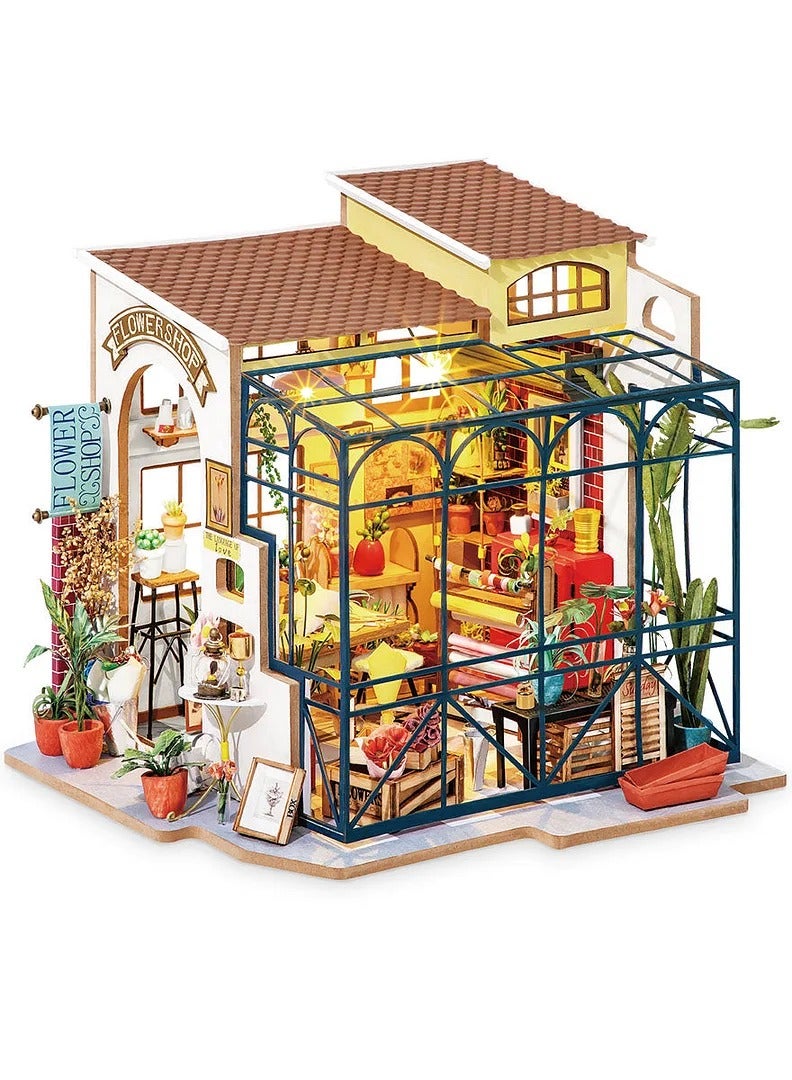 Rolife Emily's Flower Shop Miniature House DG145, Assembly Brain Teaser 3D Wooden Puzzle DIY Build Model Crafts Kits, Unique Home Decor Birthday Gifts for Teens or Adults