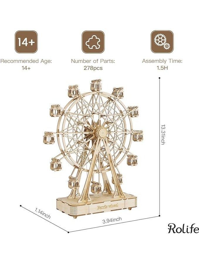 Rolife Ferris Wheel Music Box TGN01, Assembly Brain Teaser 3D Wooden Puzzle DIY Build Model Crafts Kits, Unique Home Decor Birthday Gifts for Teens or Adults