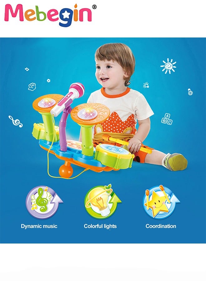 Kids Drum Set with 2 Drum Sticks and Adjustable Microphone, Electric Musical Instrument with Lights, Educational Toys for Early Development, Suitable for Promoting kids’ Interests in Music, Ideal Gift for Kids Aged 3+