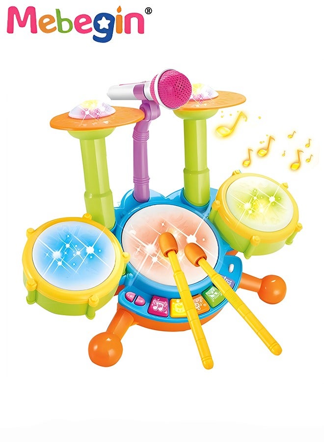 Kids Drum Set, Electric Musical Instruments Toys with 2 Drum Sticks, Beats Flashlight and Adjustable Microphone, Birthday Gift for 3–12 Years Old Boys and Girls