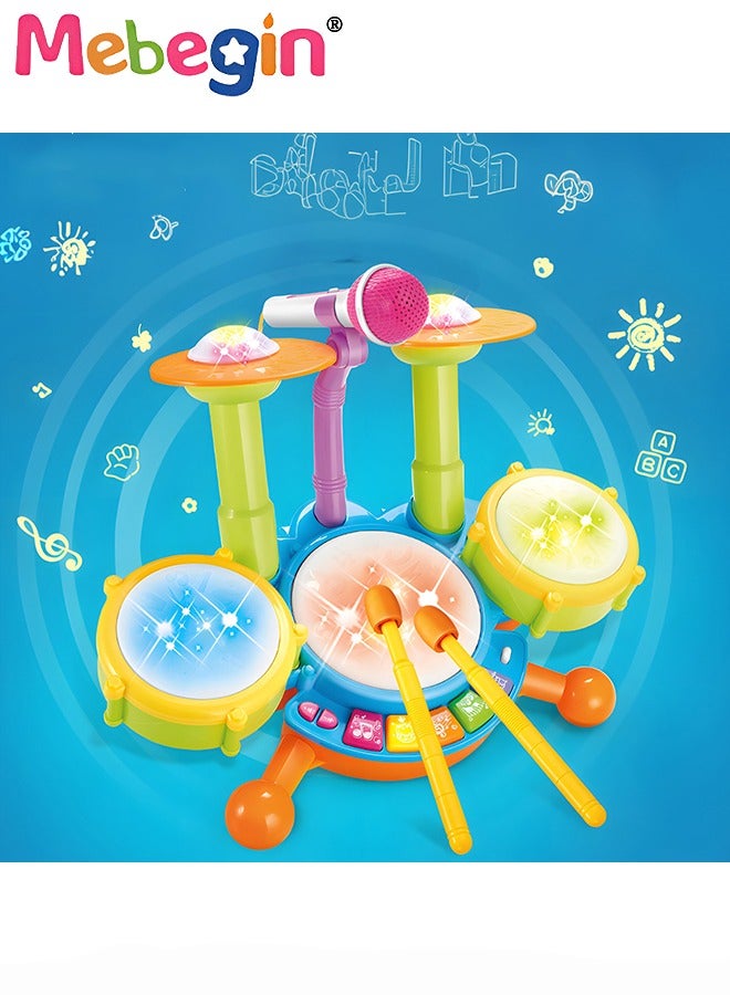 Kids Drum Set with 2 Drum Sticks and Adjustable Microphone, Electric Musical Instrument with Lights, Educational Toys for Early Development, Suitable for Promoting kids’ Interests in Music, Ideal Gift for Kids Aged 3+