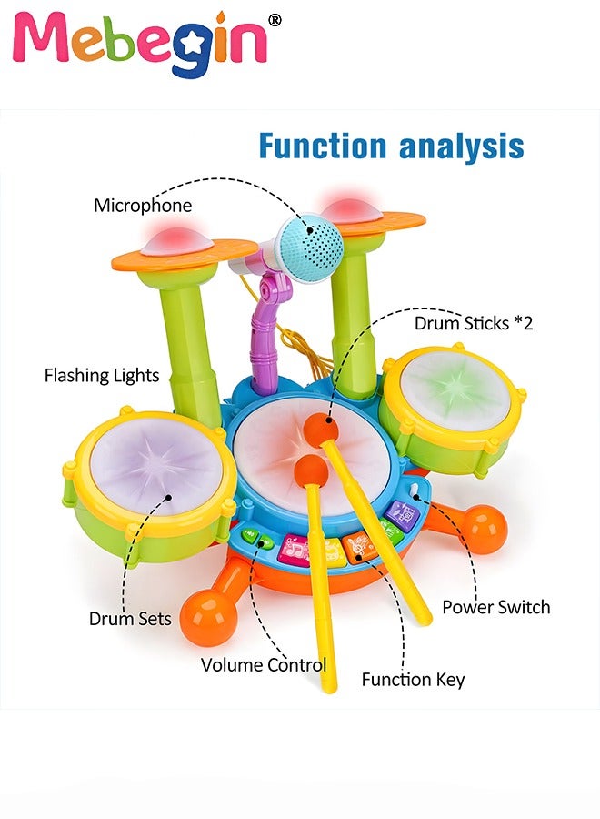 Kids Drum Set with 2 Drum Sticks and Adjustable Microphone, Electric Musical Instrument with Lights, Educational Toys for Early Development, Suitable for Promoting kids’ Interests in Music, Ideal Gift for Kids Aged 3+