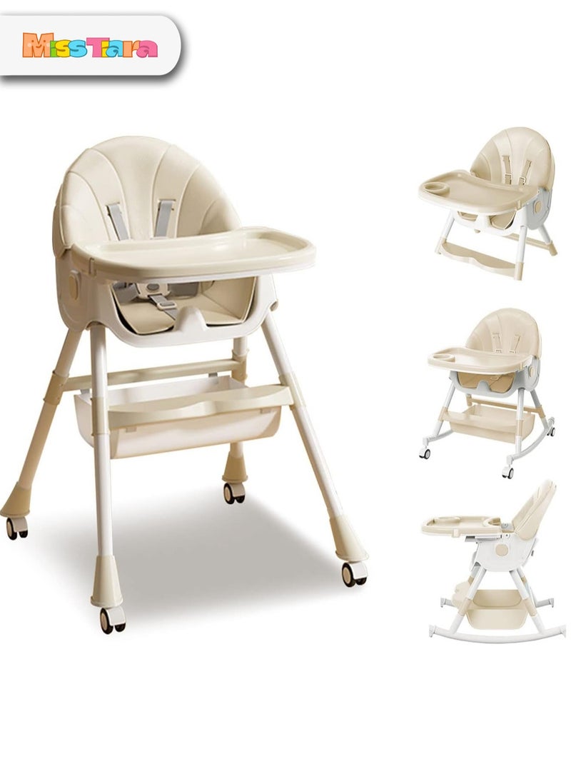 Baby Dining Chair Height Adjustable Baby High Chair Multifunctional Baby Chair with Wheels and Foldable Meal Tray for Feeding Eating and Playing 0-6Y Babies and Toddlers Rocking Horse
