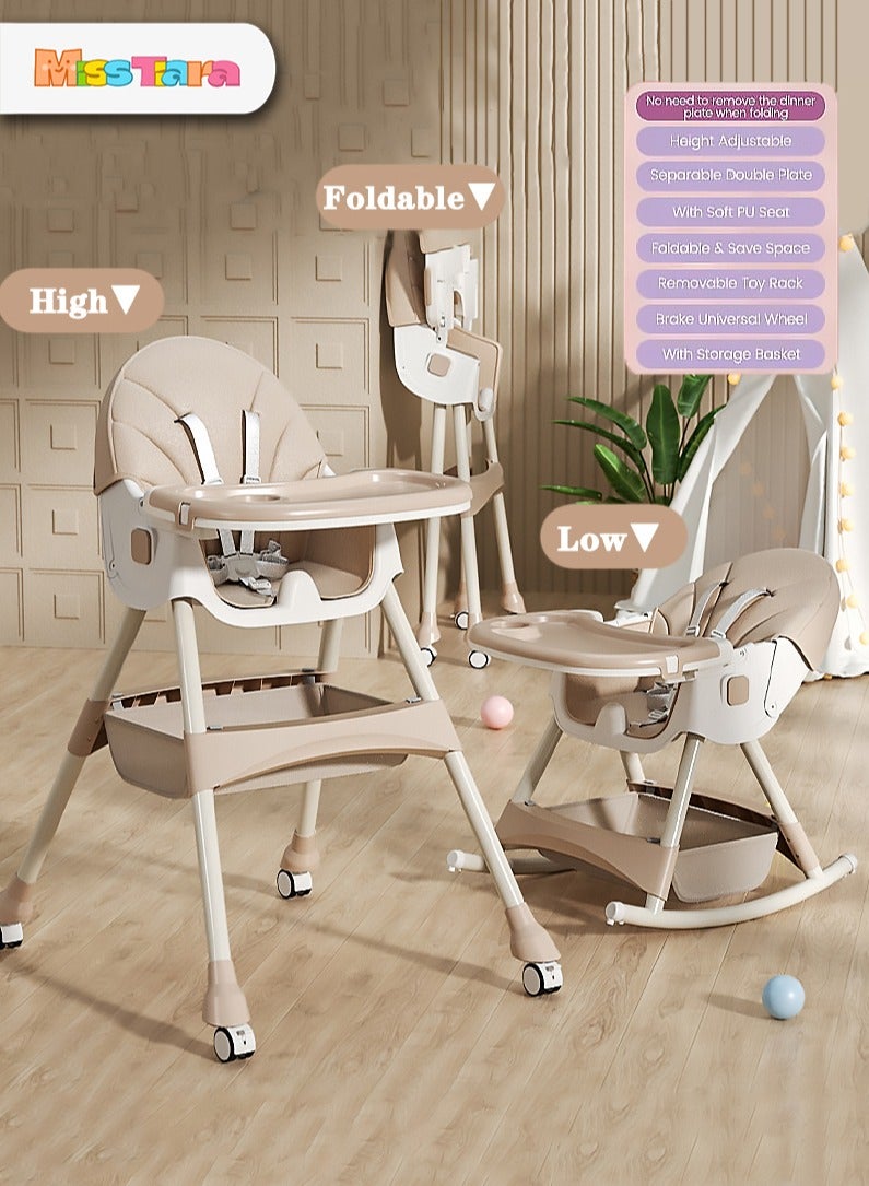 Baby Dining Chair Height Adjustable Baby High Chair Multifunctional Baby Chair with Wheels and Foldable Meal Tray for Feeding Eating and Playing 0-6Y Babies and Toddlers Rocking Horse