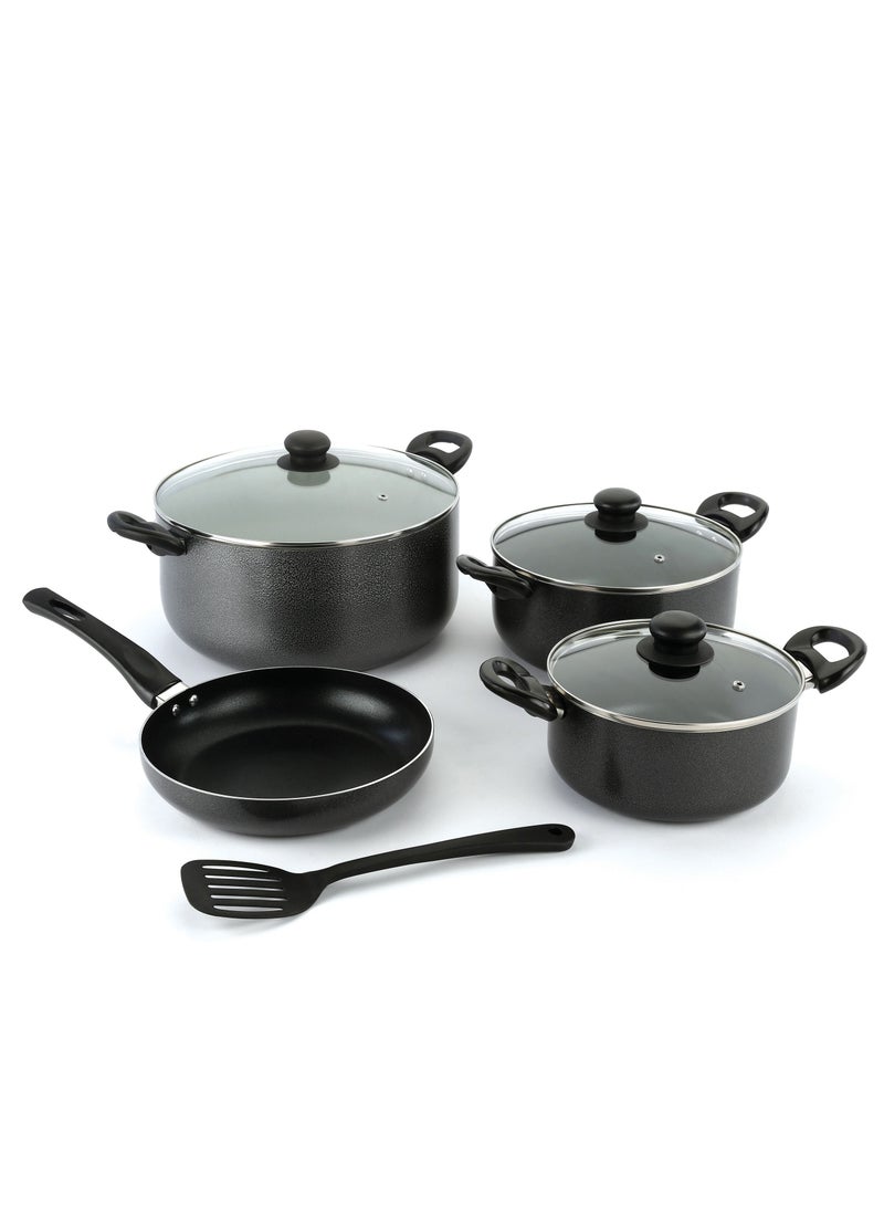 8 Piece Non Stick Cookware Set compatible with gas, ceramic, halogen, and hot plate stovetops 30x13.5 cm casserole with lid, a 24x11 cm casserole with lid, a 20x9 cm casserole with lid, Frypan, Turner