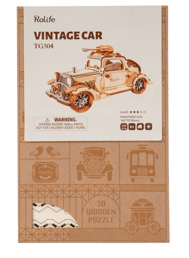 ROLIFE Vintage Car TG504, Assembly Brain Teaser 3D Wooden Puzzle DIY Build Model Crafts Kits, Unique Home Decor Birthday Gifts for Teens or Adults