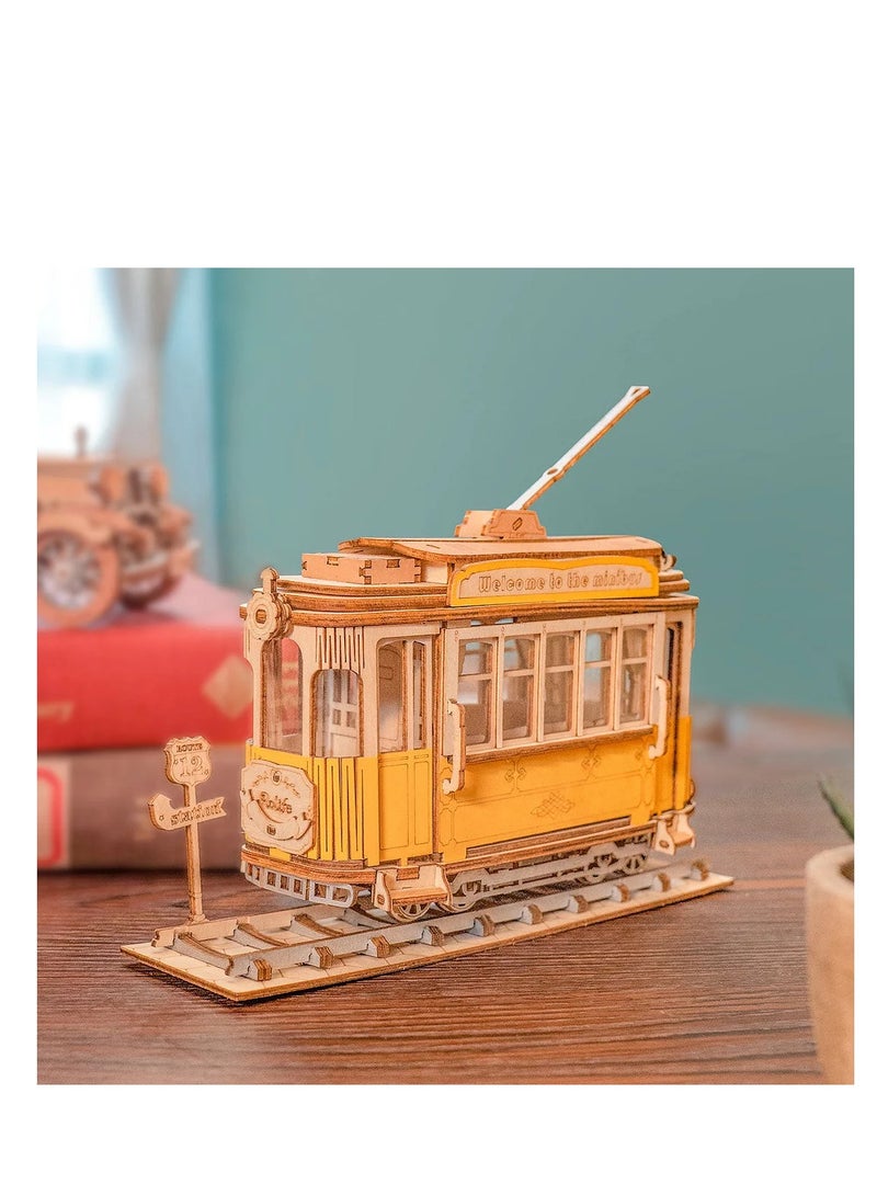 Rolife Tramcar TG505,Assembly Brain Teaser 3D Wooden Puzzle DIY Build Model Crafts Kits, Unique Home Decor Birthday Gifts for Teens or Adults