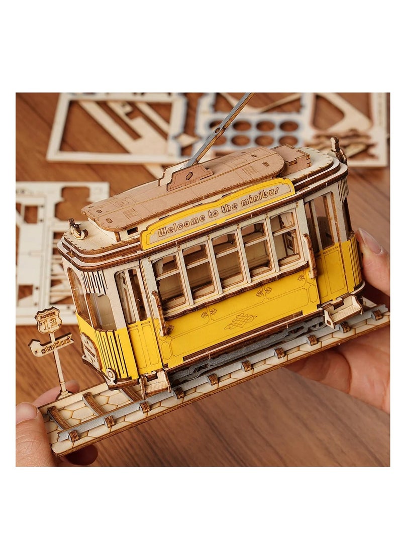 Rolife Tramcar TG505,Assembly Brain Teaser 3D Wooden Puzzle DIY Build Model Crafts Kits, Unique Home Decor Birthday Gifts for Teens or Adults