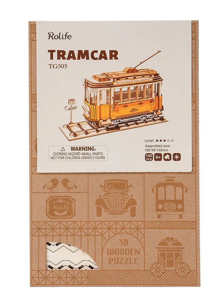 Rolife Tramcar TG505,Assembly Brain Teaser 3D Wooden Puzzle DIY Build Model Crafts Kits, Unique Home Decor Birthday Gifts for Teens or Adults