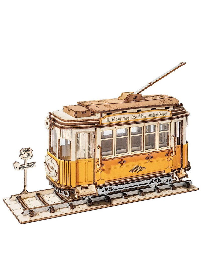 Rolife Tramcar TG505,Assembly Brain Teaser 3D Wooden Puzzle DIY Build Model Crafts Kits, Unique Home Decor Birthday Gifts for Teens or Adults