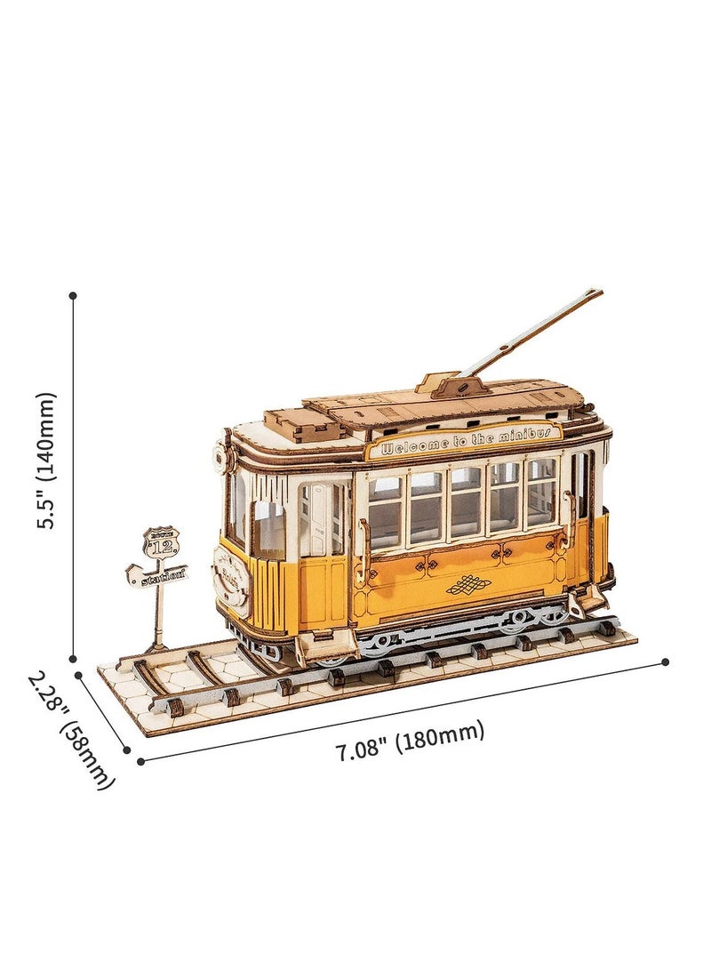 Rolife Tramcar TG505,Assembly Brain Teaser 3D Wooden Puzzle DIY Build Model Crafts Kits, Unique Home Decor Birthday Gifts for Teens or Adults