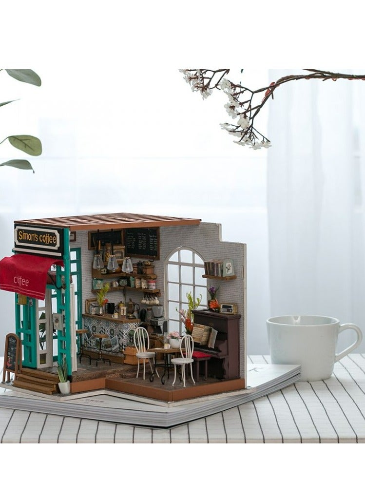 Rolife Simon's Coffee Shop DIY Miniature Dollhouse Kit DG109, Assembly Brain Teaser 3D Wooden Puzzle DIY Build Model Crafts Kits, Unique Home Decor Birthday Gifts for Teens or Adults