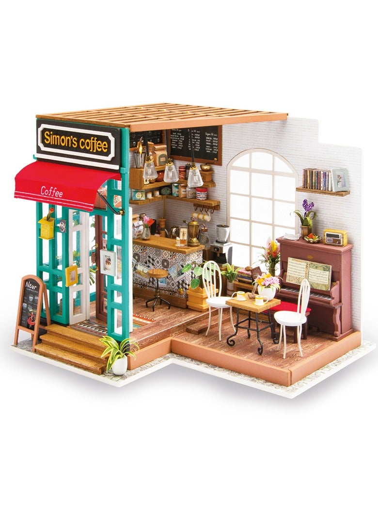 Rolife Simon's Coffee Shop DIY Miniature Dollhouse Kit DG109, Assembly Brain Teaser 3D Wooden Puzzle DIY Build Model Crafts Kits, Unique Home Decor Birthday Gifts for Teens or Adults